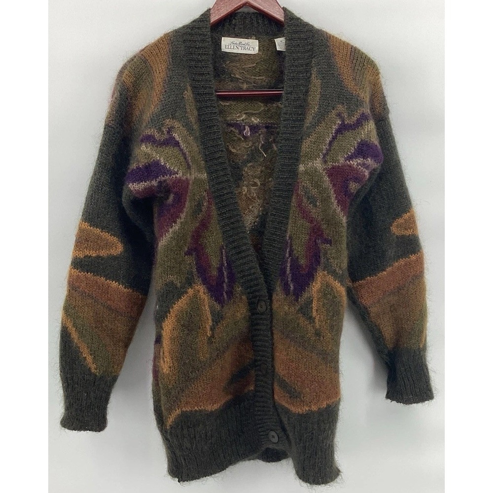 Vintage Ellen Tracy Mohair Blend Colorful Retro Cardigan Sweater V-Neck Size M